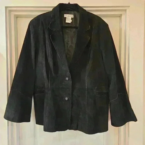 Newport News Womens Suede Leather Blazer Jacket Bell Sleeves Black Size 20W - Picture 2 of 13